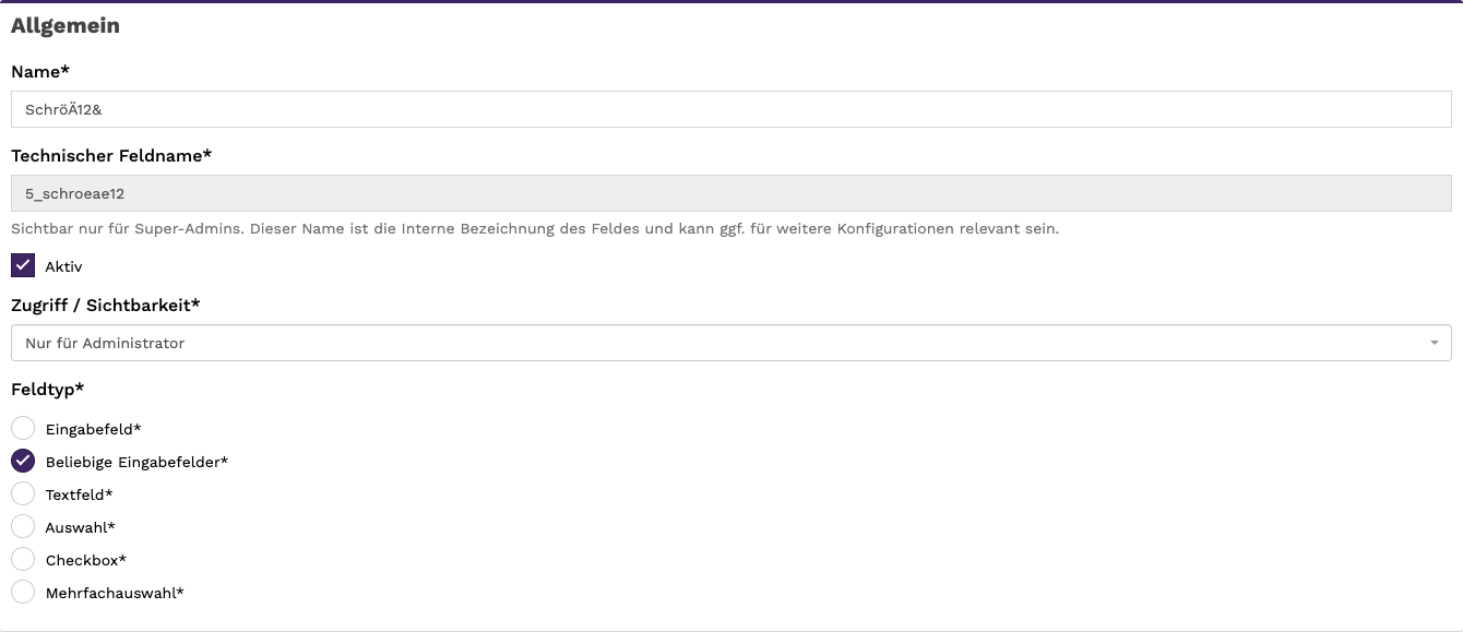 Der Abschnitt Allgemein mit Name, technischem Feldnamen und Feldtyp
