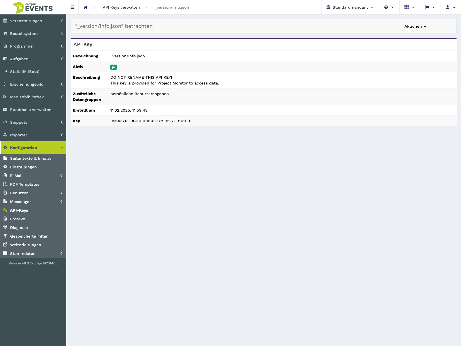 Die Detailansicht eines API-Keys ohne Bearbeitungsmöglichkeit