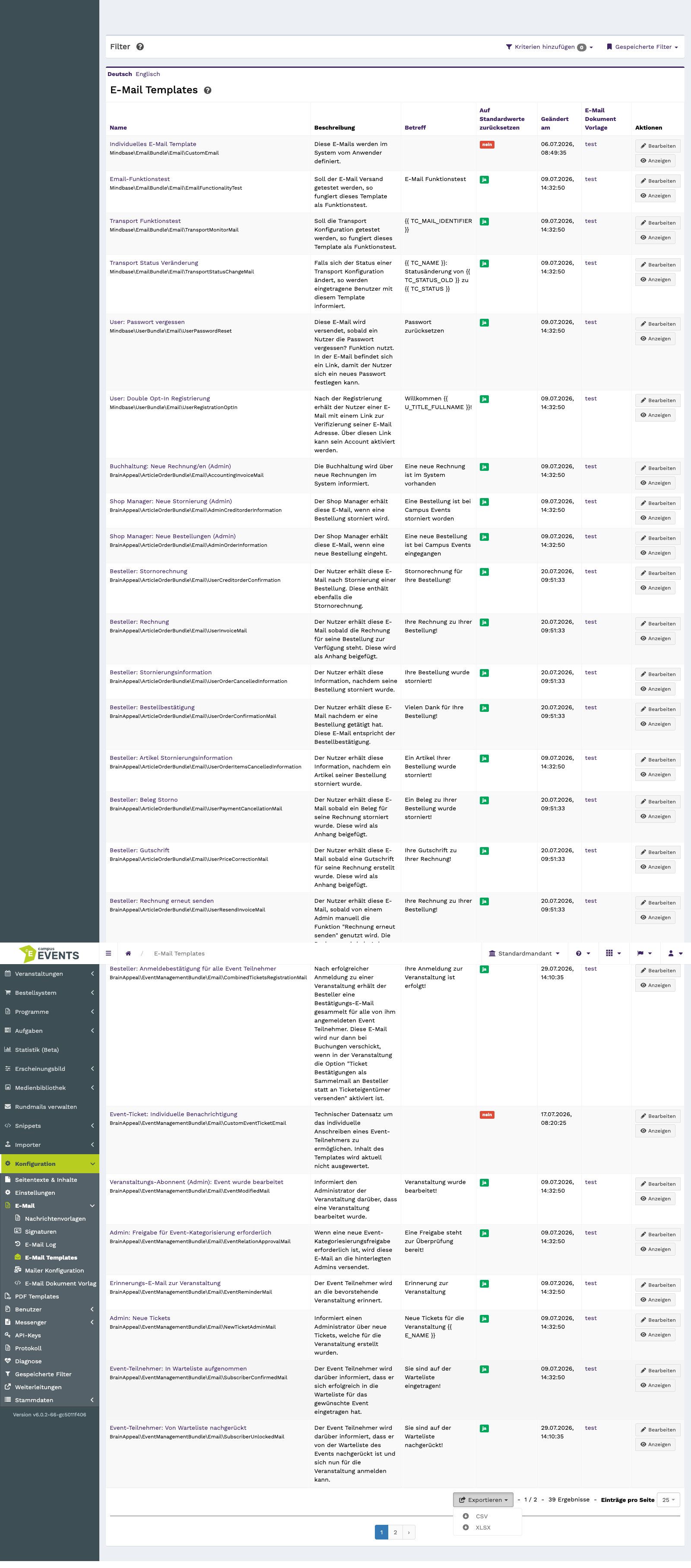 Die Export- und Sammelaktionen oberhalb der Liste
