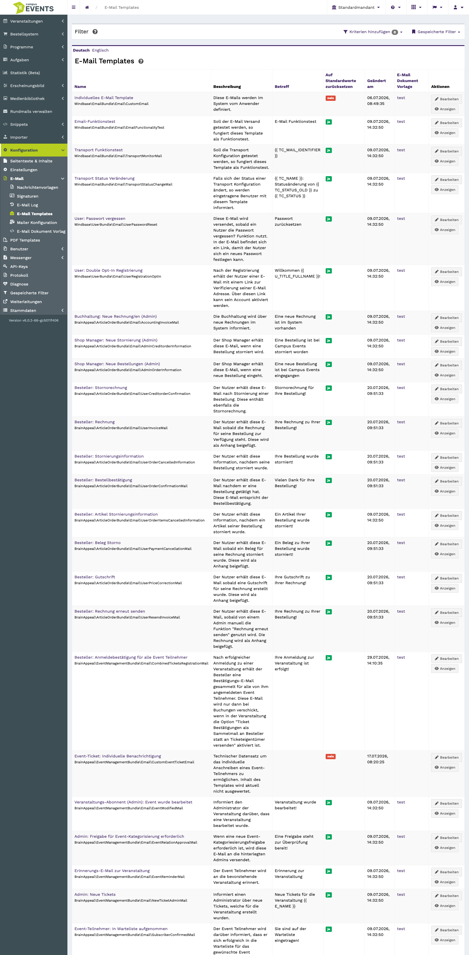 Die Listenansicht mit Name, Betreff und Änderungsdatum der Vorlagen