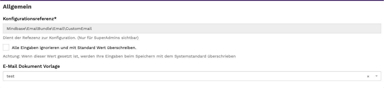 Der Abschnitt Allgemein mit Zurücksetzen-Option und Dokumentvorlage