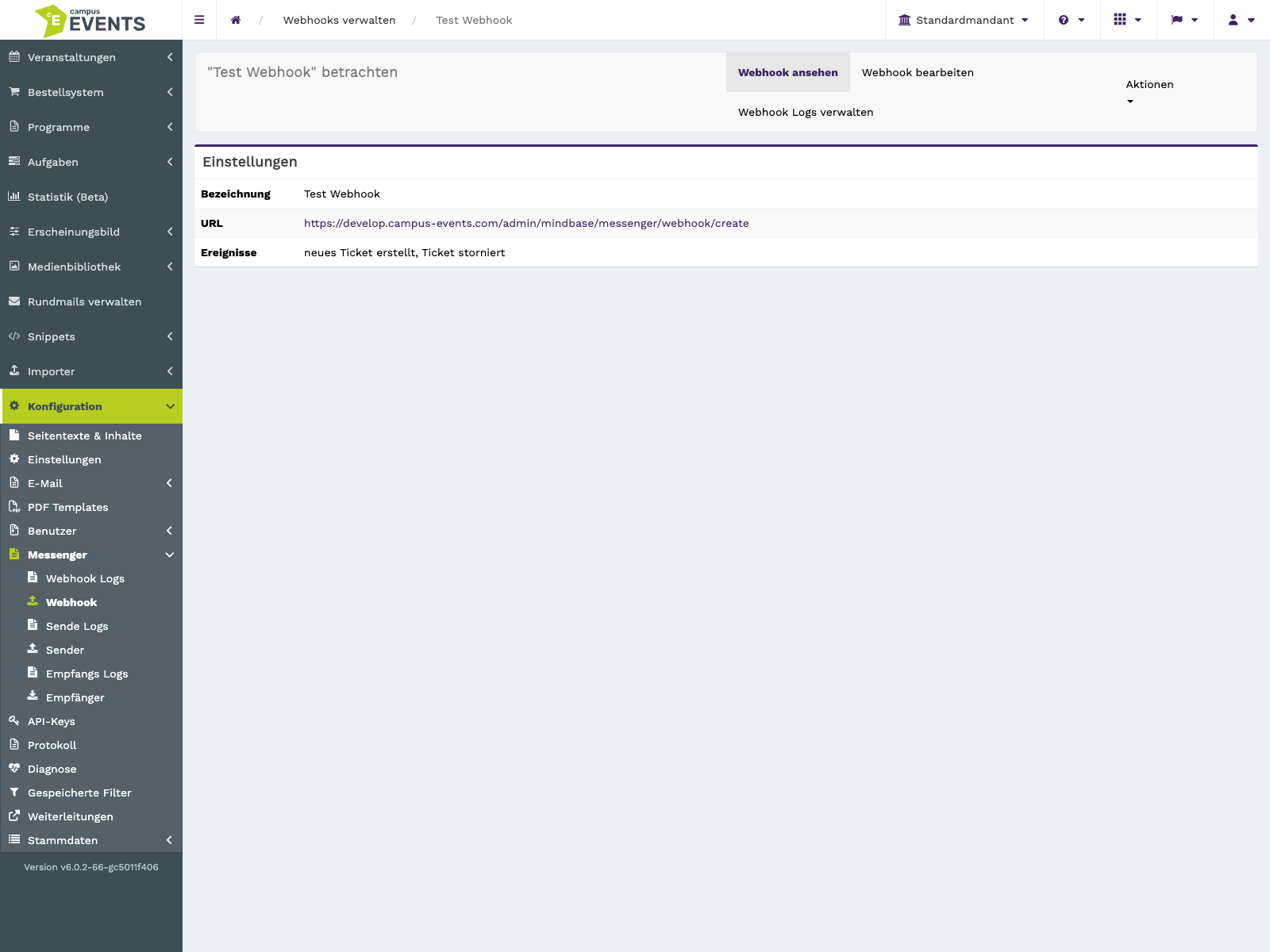 Die Detailansicht eines Webhooks ohne Bearbeitungsmöglichkeit
