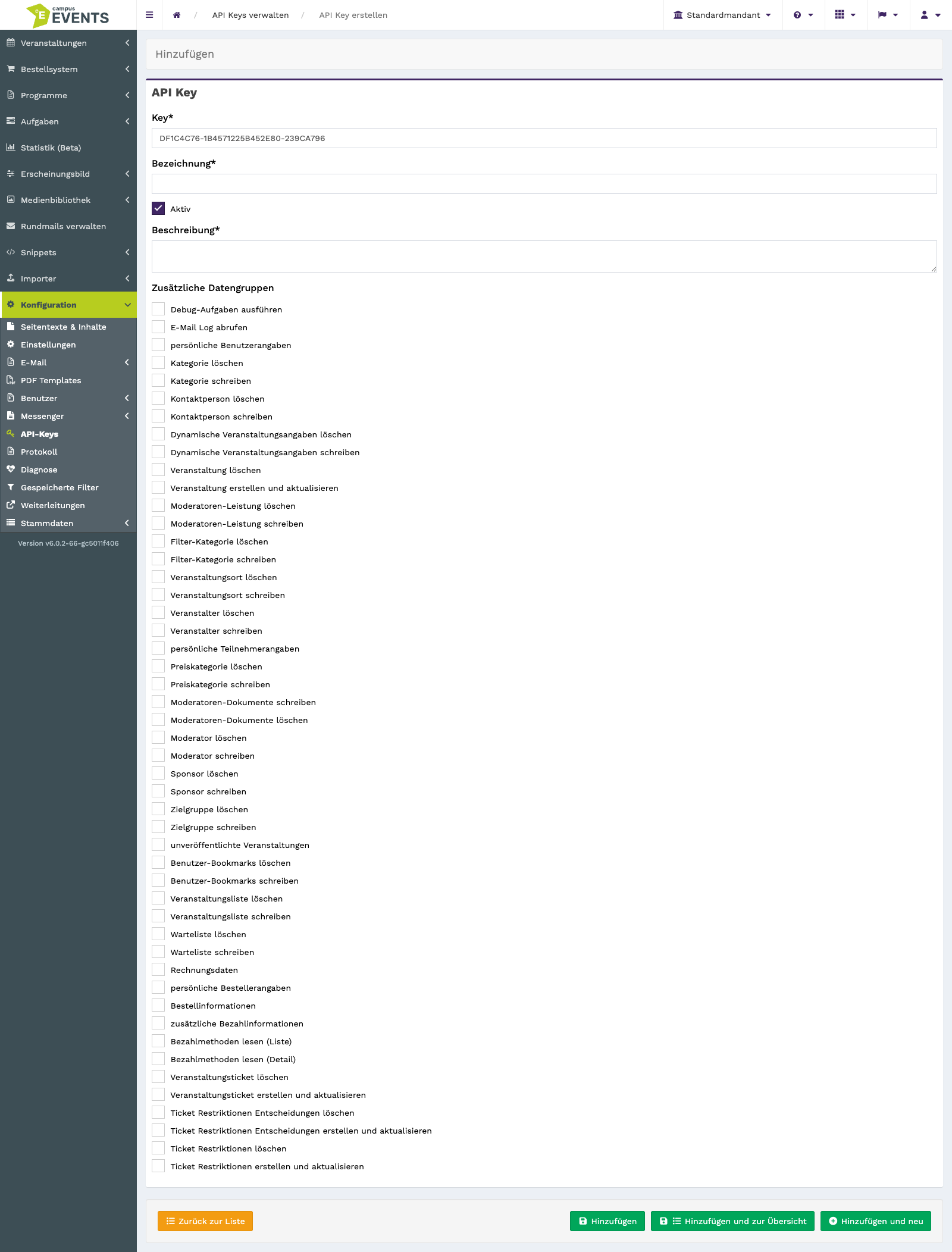 Das Formular zum Anlegen eines neuen API-Keys