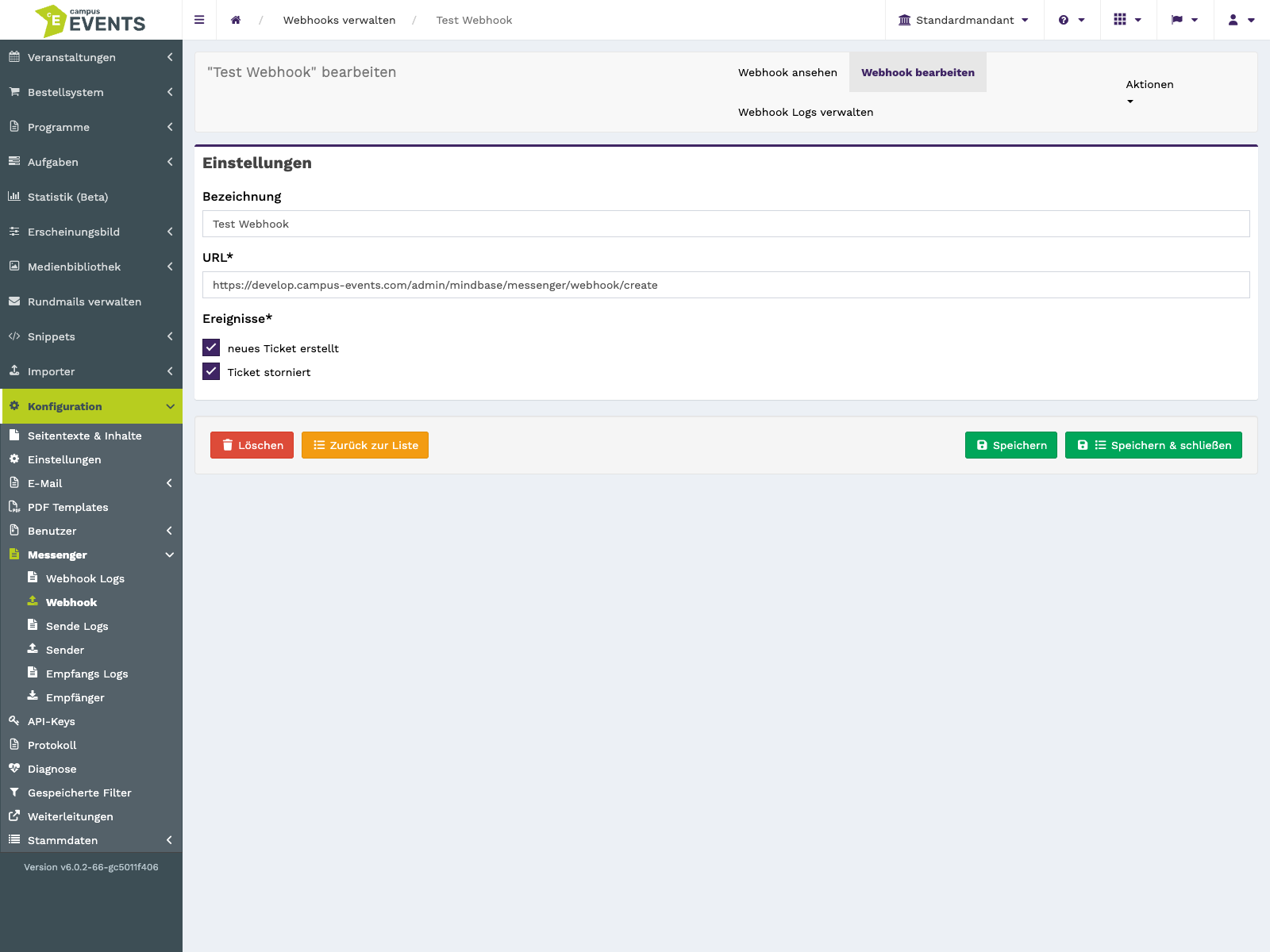 Das Bearbeitungsformular eines bestehenden Webhooks